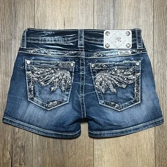 Miss Me Y2K Mid Rise Distressed Bling Wings Embroidered Shorts 25 Thick Stitch - Picture 1 of 9